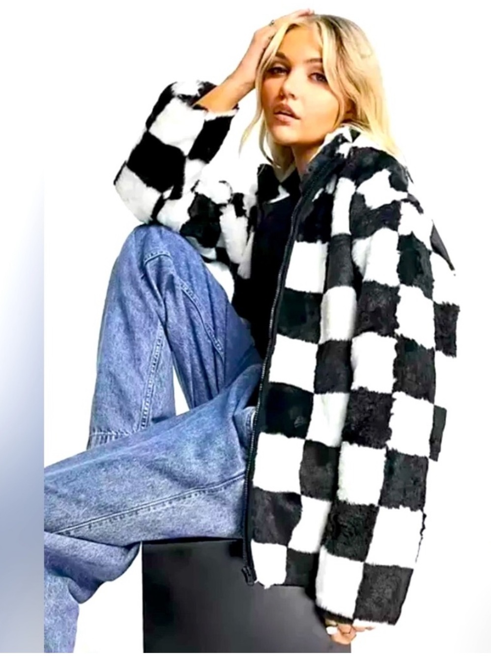 Vans Off the Wall Natalie Checkerboard Full Zip Jacket Faux Fur Black/White